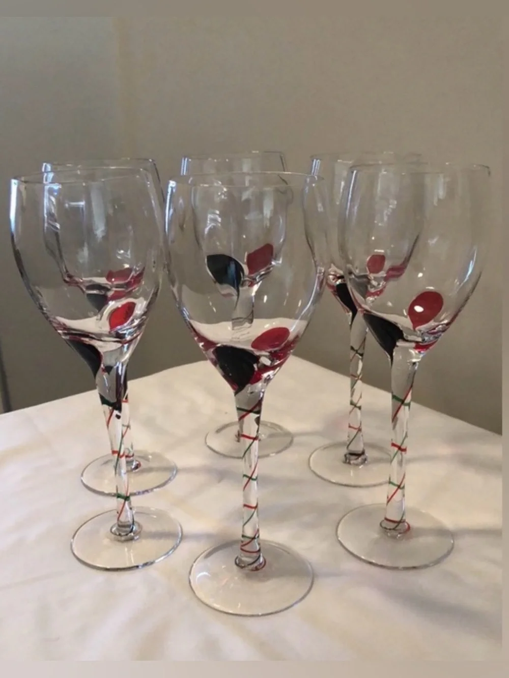 Pier 1 Hand Blown Optic Ribbon Wine Glasses 6, Green&Red Glass Drops&Spiral Stem